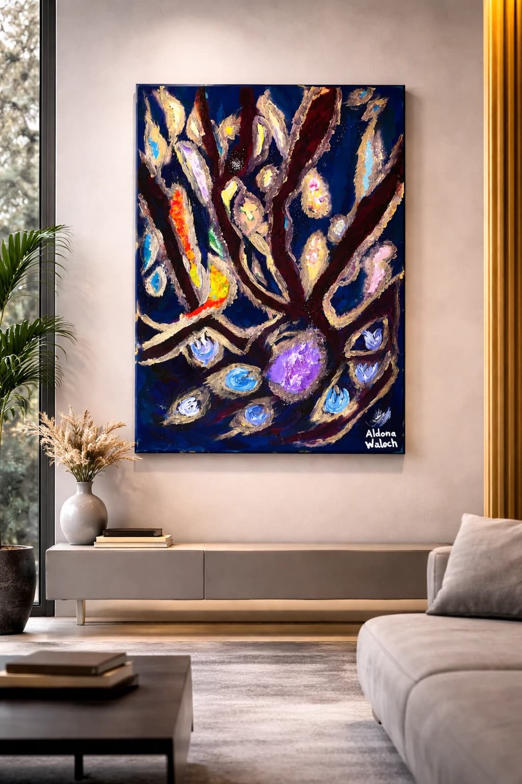 Acrylgemaelde 'Nachthimmel mit kosmischen Bildern' von Aldona Waloch, 2021, 40 x 60 cm.