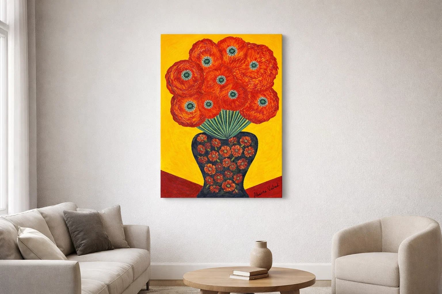 Acrylgemaelde 'Gute Laune Blumenstrauss' von Aldona Waloch, 2024, 40 x 60 cm.